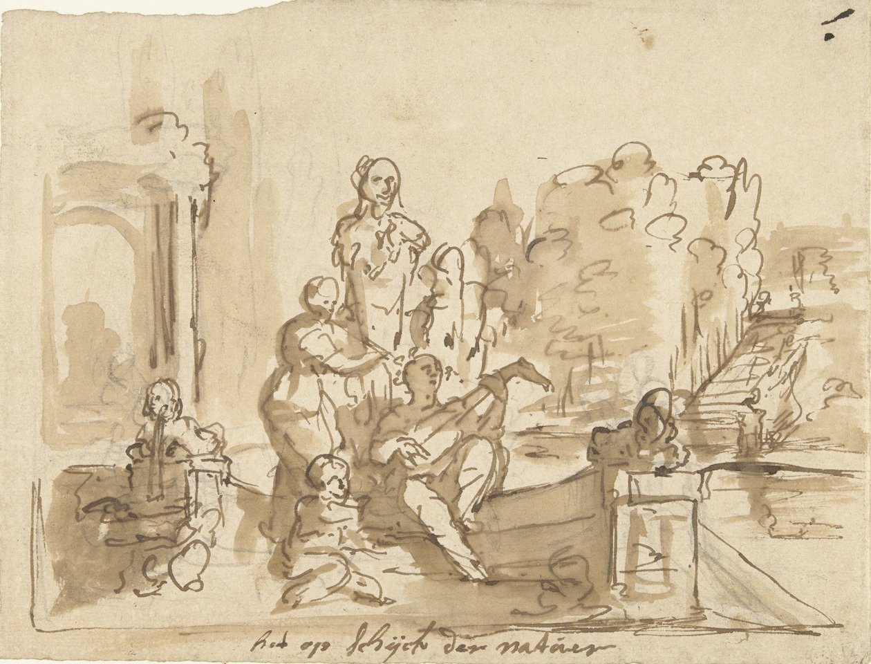 Allegorie met musicerende figuren in een tuin door Elias van Nijmegen