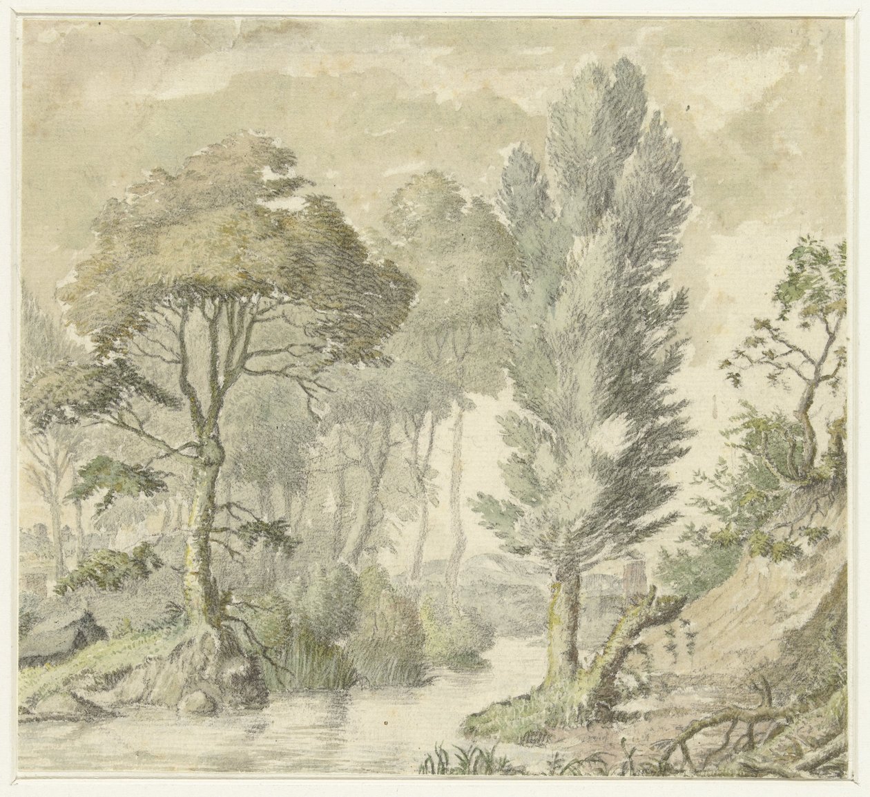 Boslandschap met rechts een heuvel en in het midden water door Elias van Nijmegen