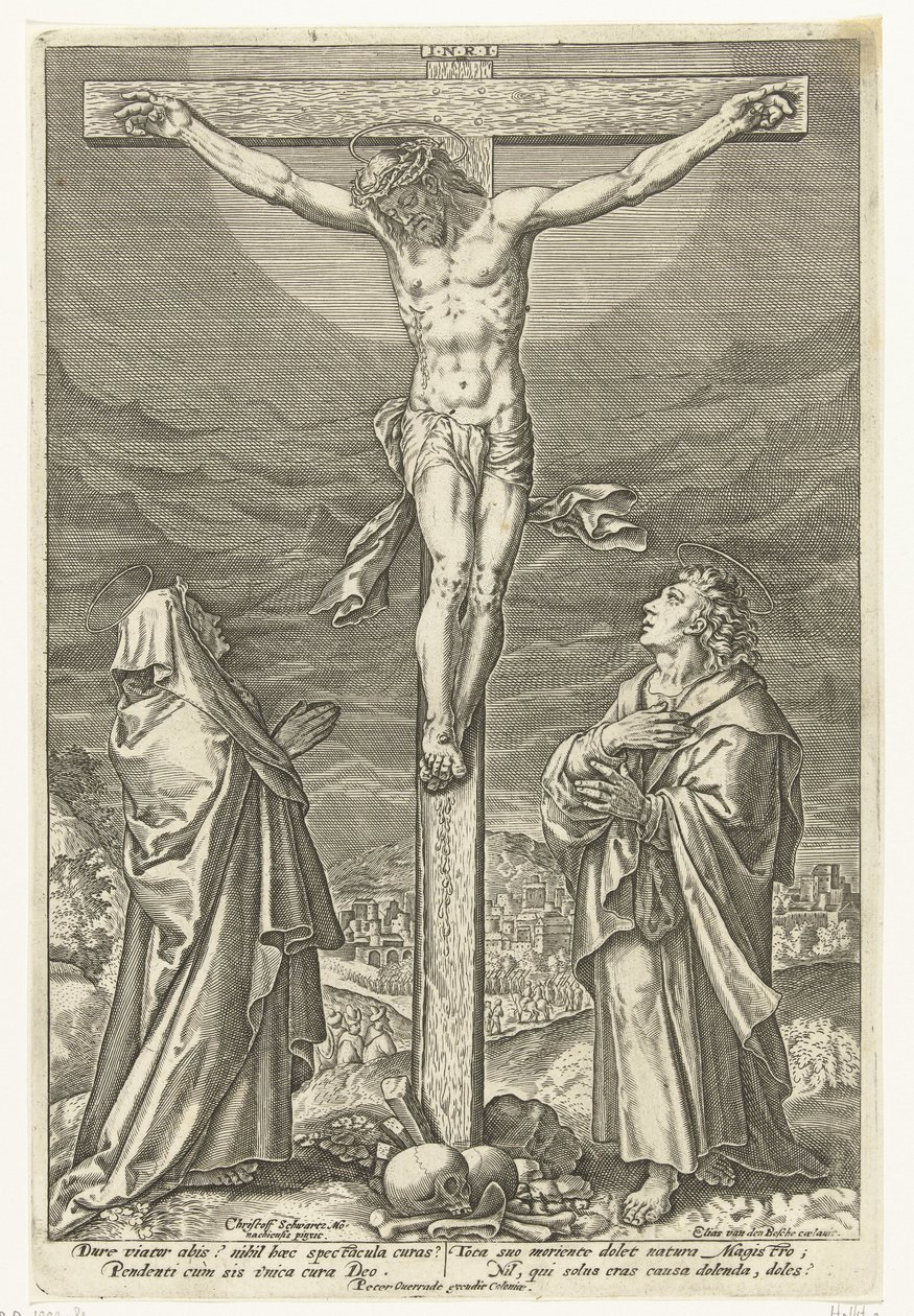 Christus aan het kruis, met Maria en Johannes de Doper door Elias van den Bossche