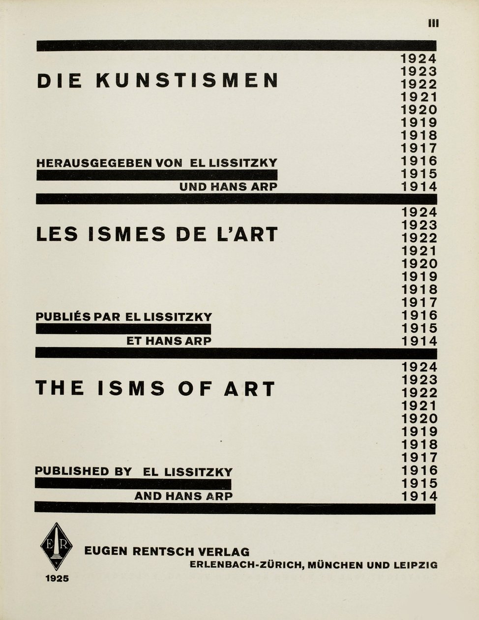Titelpagina: Die Kunstismen. The Isms of Art door El Lissitzky en Hans Arp, 1925 door Eliezer Markowich Lissitzky