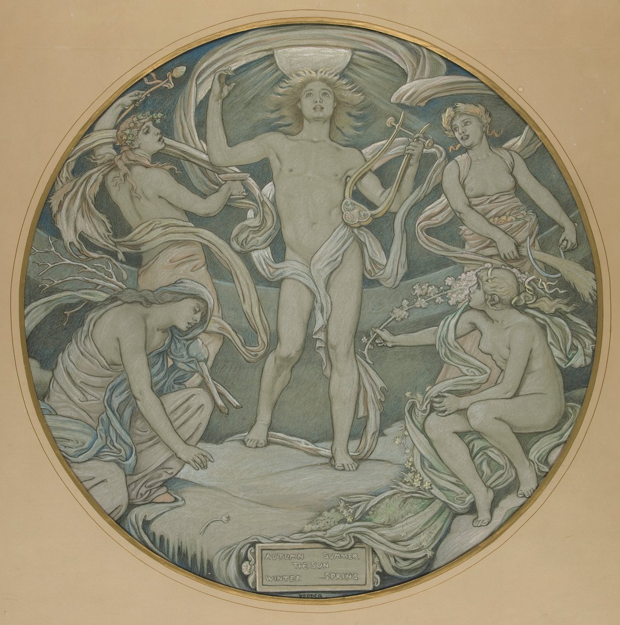 Cartoon voor het midden van het Huntington-plafond: Apollo en begeleiders door Elihu Vedder
