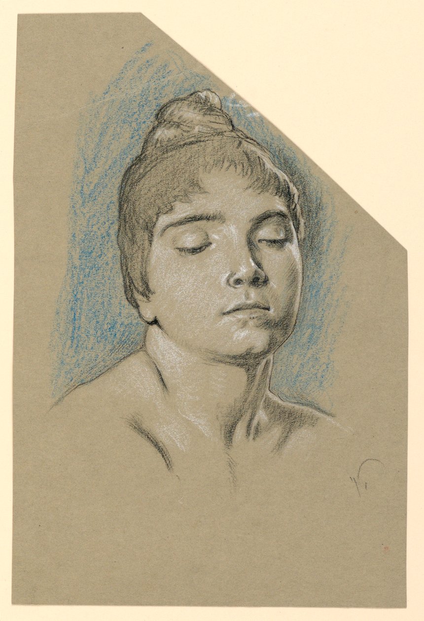 Tekening, Portretschets van een jonge vrouw met gesloten ogen, ca. 1885 door Elihu Vedder