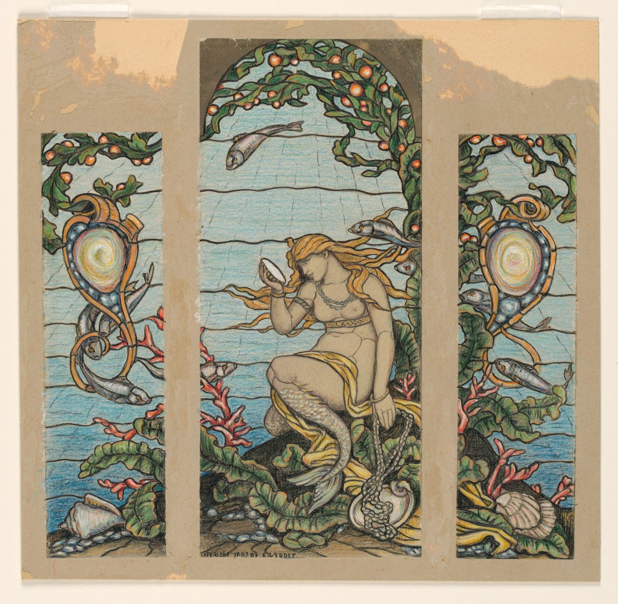 Tekening, "The Mermaid Window", ontwerp voor glas-in-loodraam voor de A.H. Barney Residence, New York, NY, 1882 door Elihu Vedder