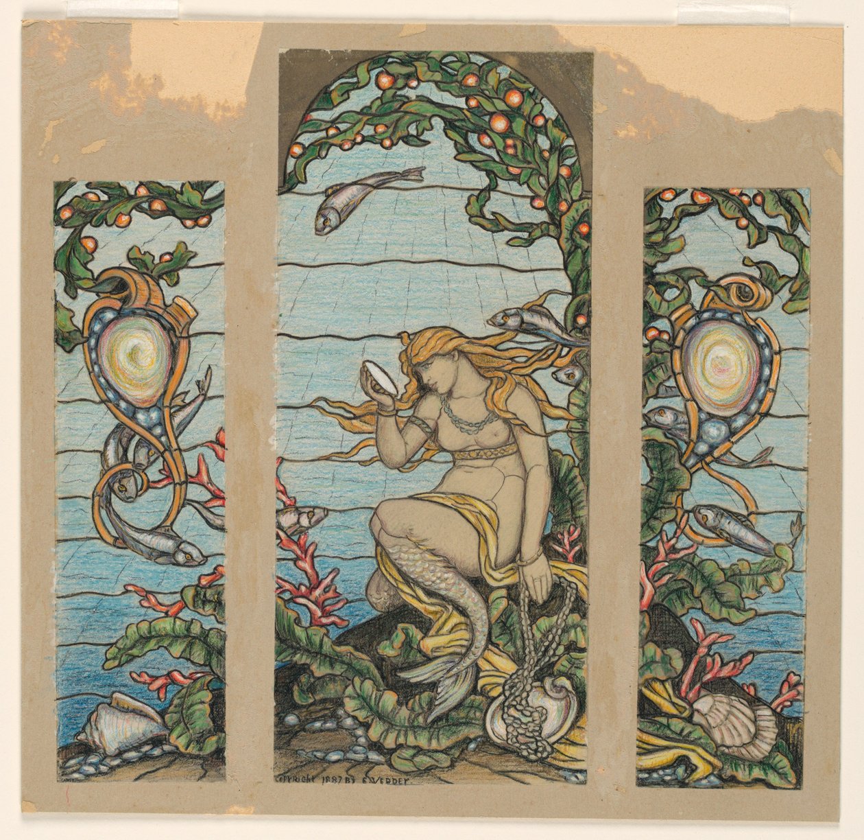 Tekening, "The Mermaid Window", ontwerp voor glas-in-loodraam voor de A.H. Barney Residence, New York, NY, 1882 door Elihu Vedder