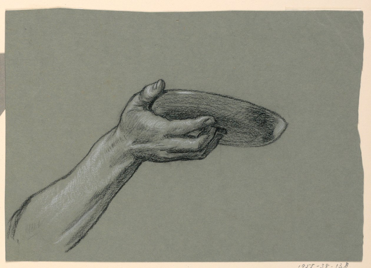 Tekening, detail van onderarm en hand die cirkelvormig voorwerp vasthoudt, ca. 1885 door Elihu Vedder