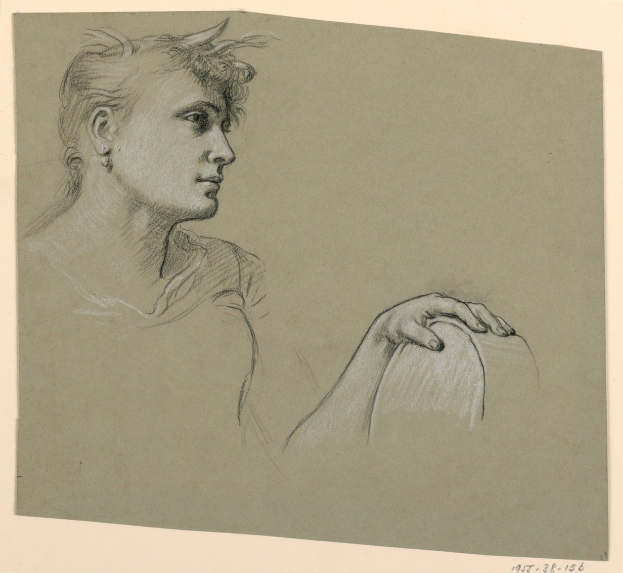 Tekening, vrouwenprofiel en studie linkerhand, ca. 1885 door Elihu Vedder