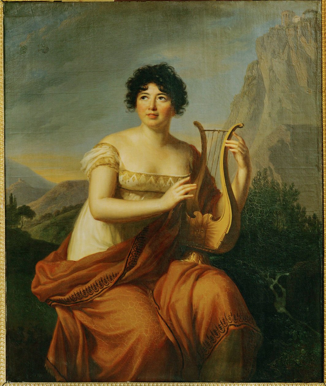 Portret van Germaine Necker, Mme. de Stael ... (olieverf op hout) door Elisabeth Louise Vigee-Lebrun
