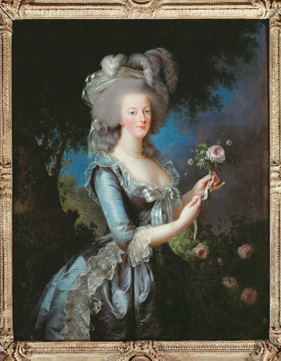 Portret van koningin Marie-Antoinette, ook wel Marie Antoinette genoemd met een roos door Elisabeth Louise Vigee-Lebrun