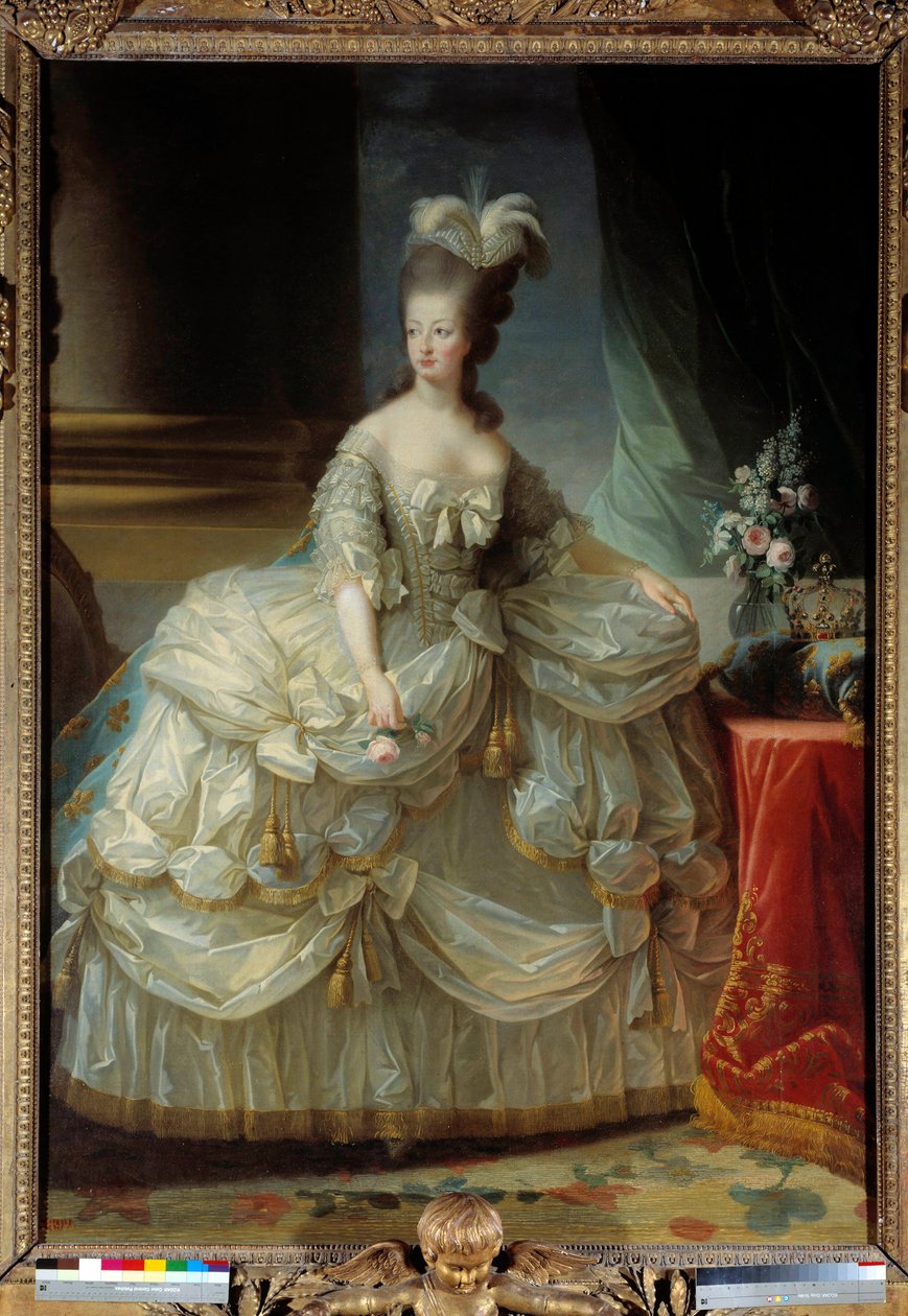 Portret van Marie Antoinette door Lorraine Habsburg, Koningin van Frankrijk (1755-1793) in grote hofkleding, een roos in de hand door Elisabeth Louise Vigee Lebrun