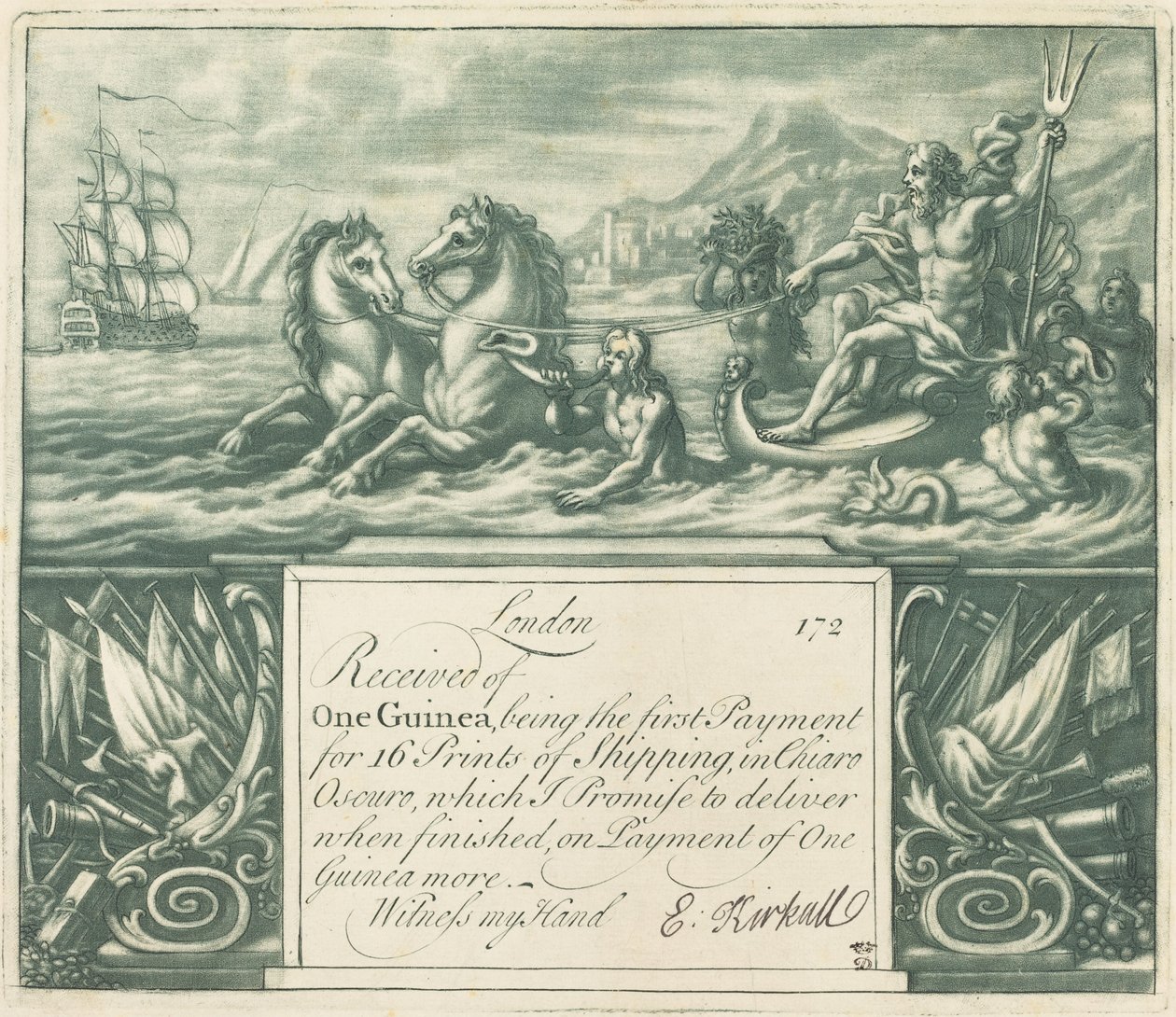 Abonnementsbewijs (Neptunus en Juno) door Elisha Kirkall, after George Vertue, after Louis Chéron