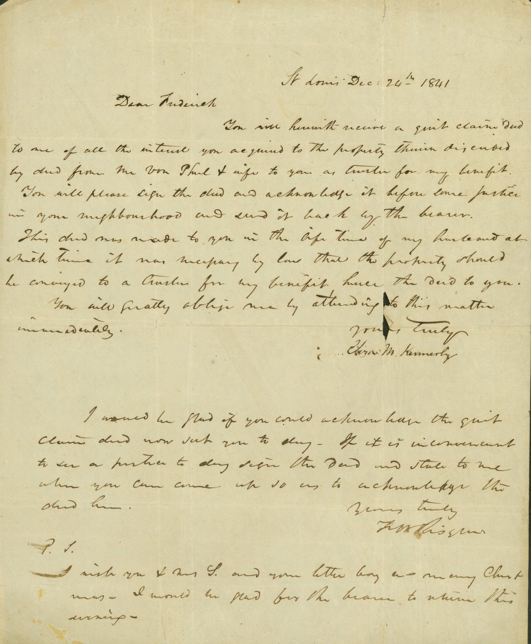 Brief aan Frederick Saugrain van Eliza Kennerly, 24 december 1841 door Eliza Kennerly