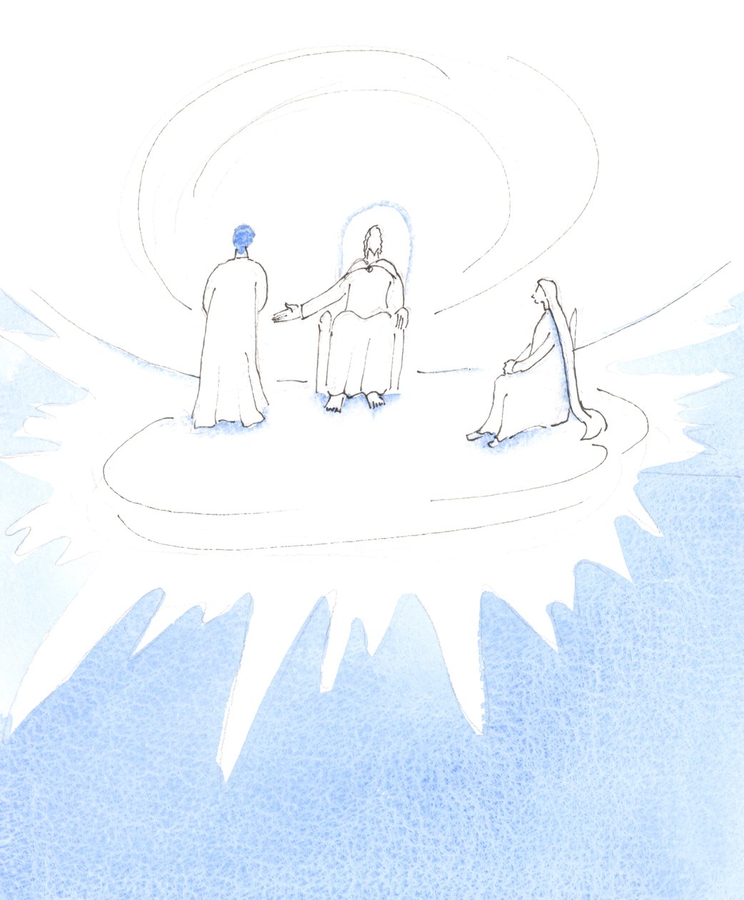 Een persoon die sterft en klaar is voor de Hemel, begeeft zich naar het hart van de Heilige Drie-eenheid, om te leven in Eeuwige gelukzaligheid en vervulling, 2005 (aquarel op papier) door Elizabeth Wang