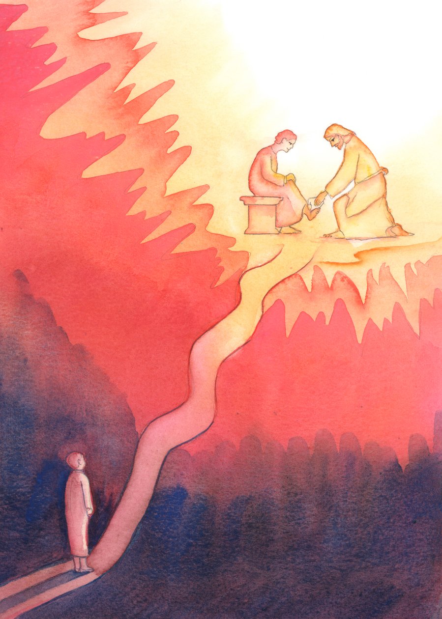 Een persoon die, uit liefde voor God, haar naaste liefheeft en dient, loopt een moeilijke weg naar de hemel, met steile beklimmingen door Elizabeth Wang