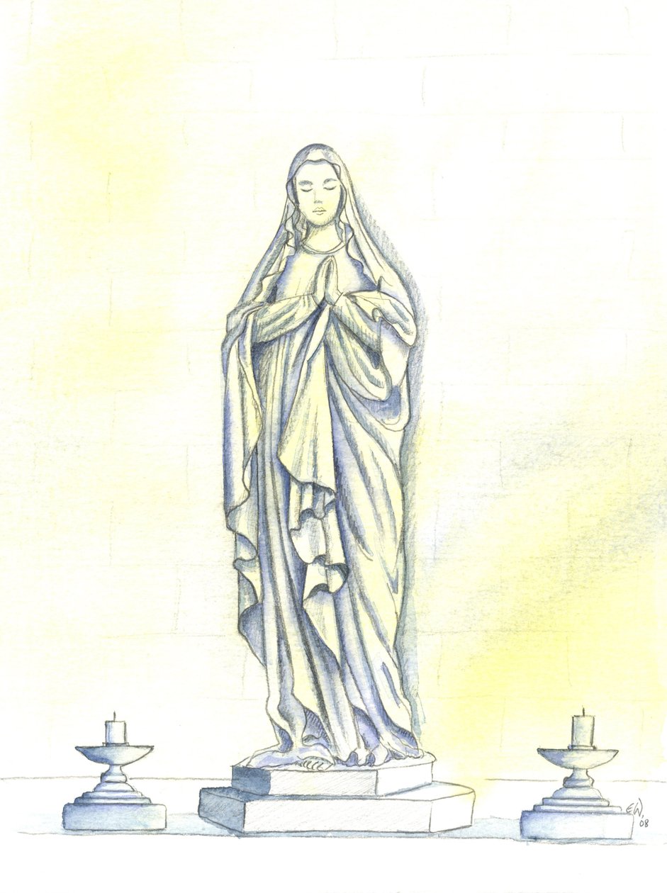 Een standbeeld van de Heilige Maagd Maria door Elizabeth Wang