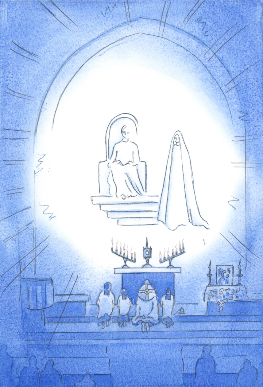 Christus is verheven boven ons, in glorie, bij onze Novene en Zegen, wat als een hemels feest is. Onze moeder Maria staat vreugdevol dichtbij door Elizabeth Wang