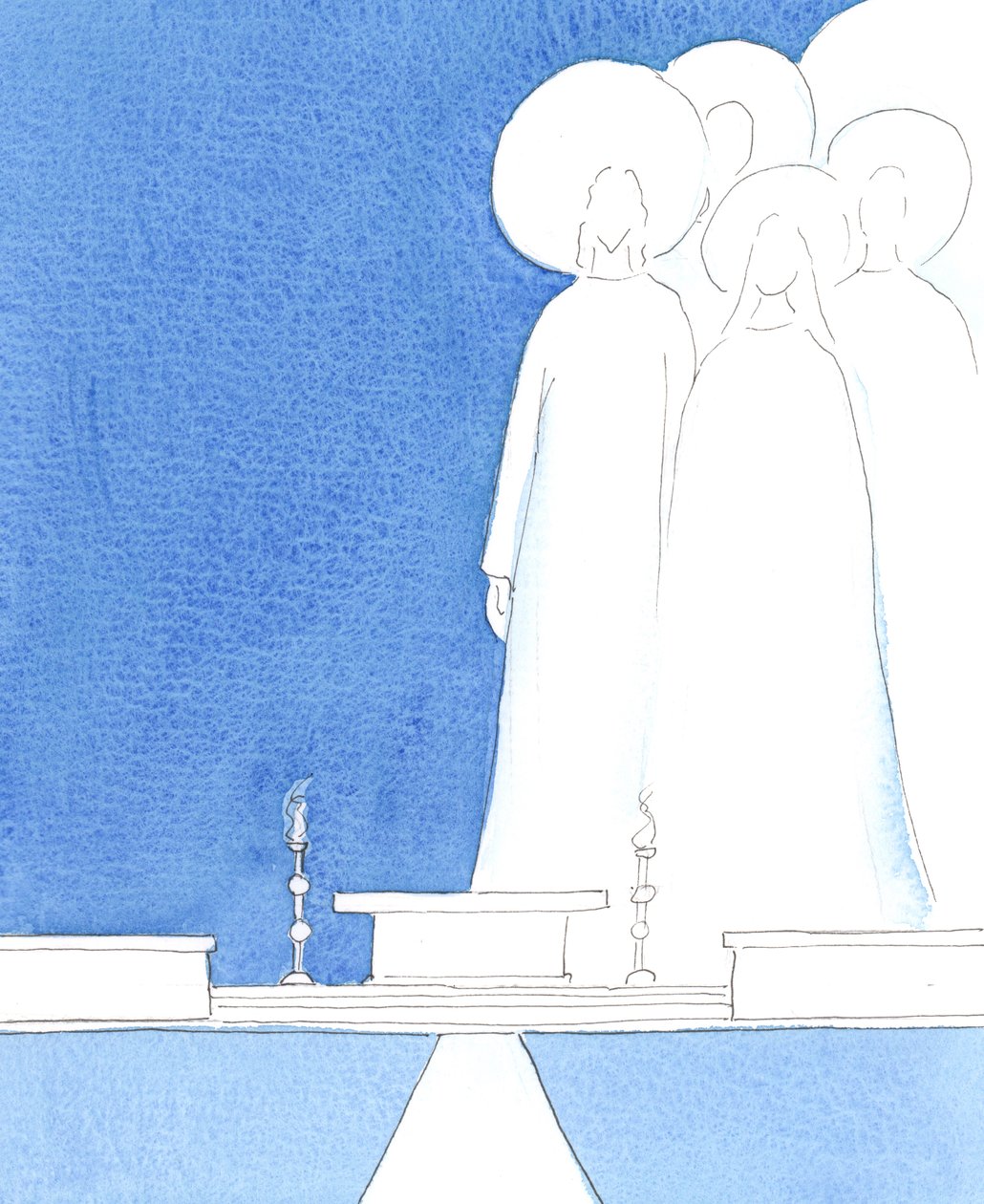 Christus onze God is aanwezig in het heiligdom, met de heiligen die nu in Zijn liefde leven, 2005 (aquarel op papier) door Elizabeth Wang