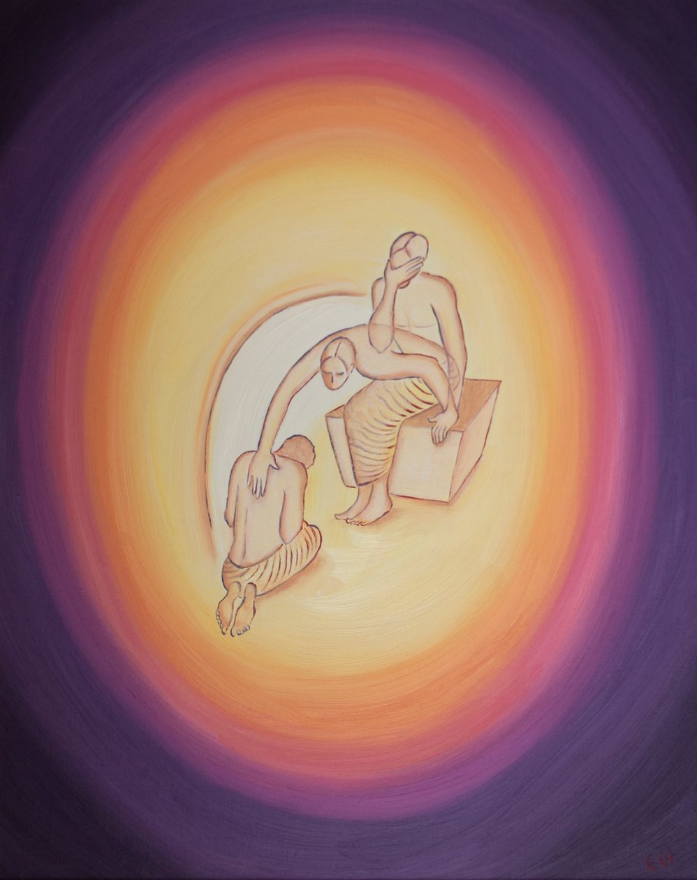 God de Vader, bewust van de verschrikkelijke kosten van de Incarnatie, reikt uit, door Zijn Heilige Geest, naar Zijn Geliefde Zoon, die bereidwillig toestemt om naar de aarde te komen voor onze redding door Elizabeth Wang