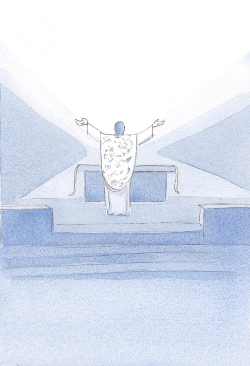 Ik zag Christus, na de Consecratie. Hij stond voor het altaar, met opgeheven handen, en bad Zijn priesterlijke gebeden (ook de onze) tot de Vader boven. door Elizabeth Wang