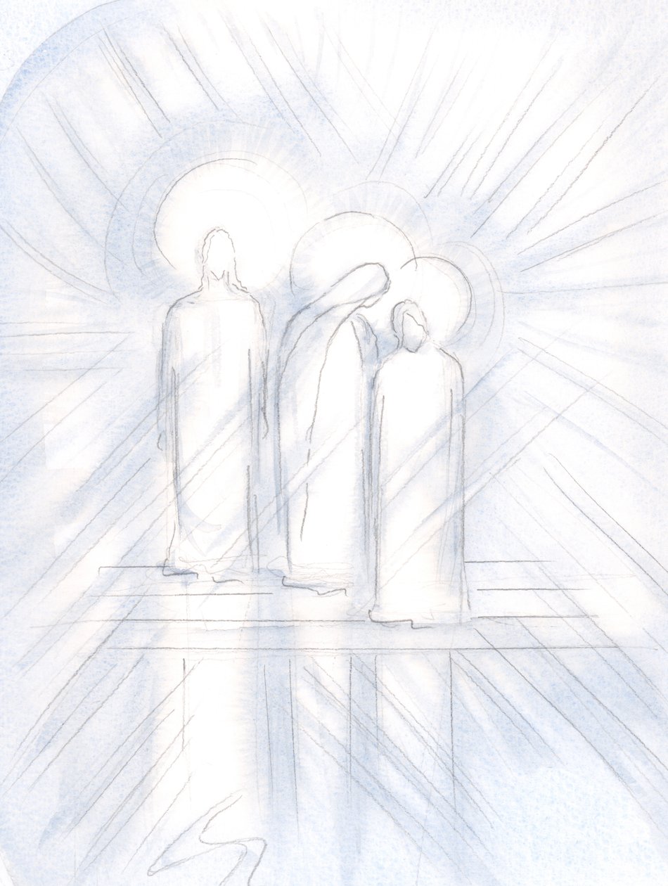 Ik zag Jezus duidelijk, Zijn Heilige Moeder aan Zijn zijde, en Sint Jozef naast Haar. Christus geeft hen aan ons als helpers en voorbeelden door Elizabeth Wang
