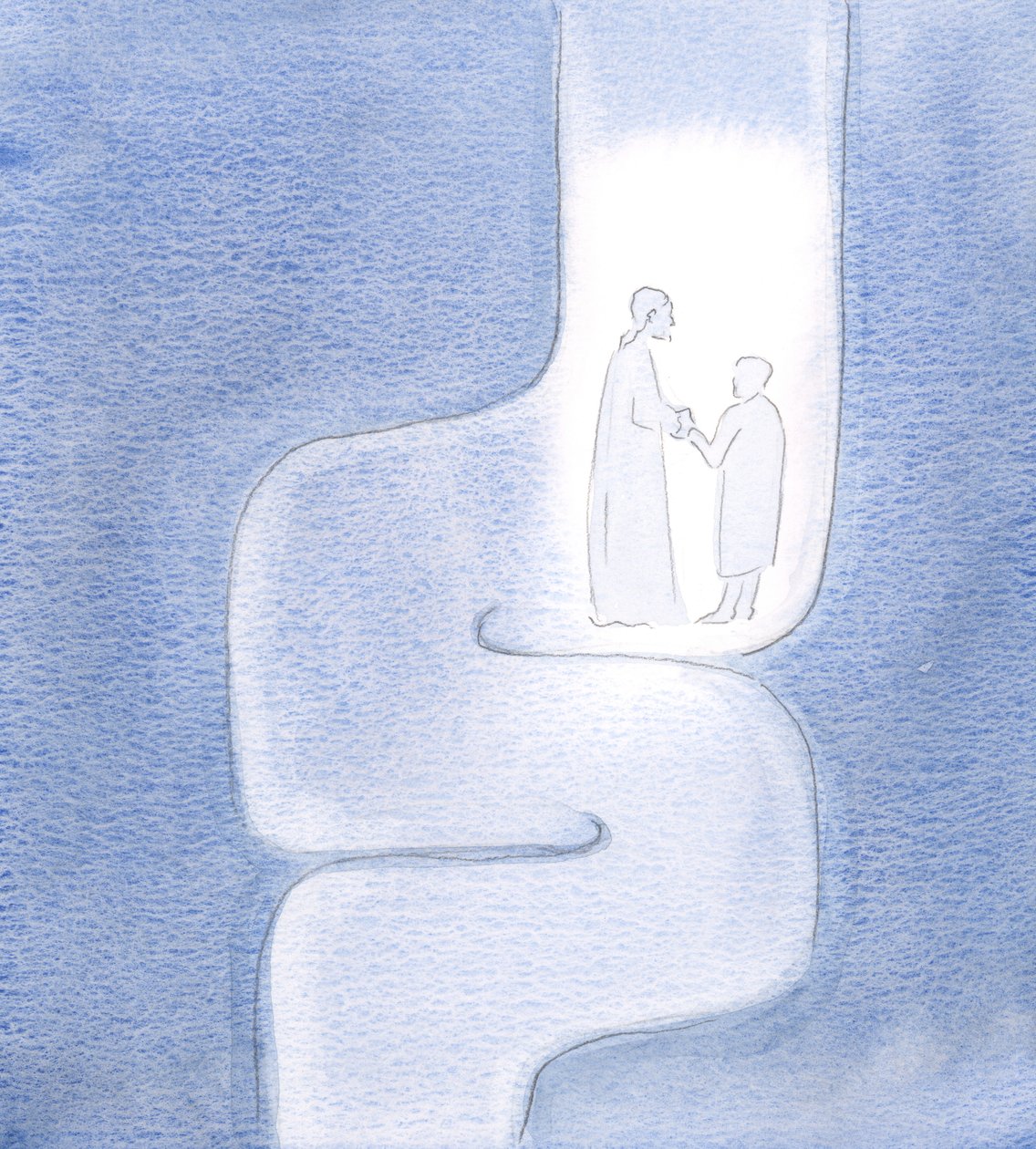 Ik zag dat Christus mij vasthoudt tijdens mijn reizen, terwijl we verder gaan naar de Vader, alsof we door kronkelende tunnels reizen door Elizabeth Wang