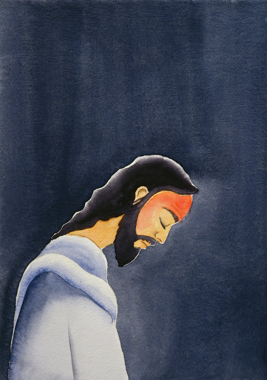 In Zijn doodsangst bidt Jezus in Gethsemane tot Zijn Vader. door Elizabeth Wang