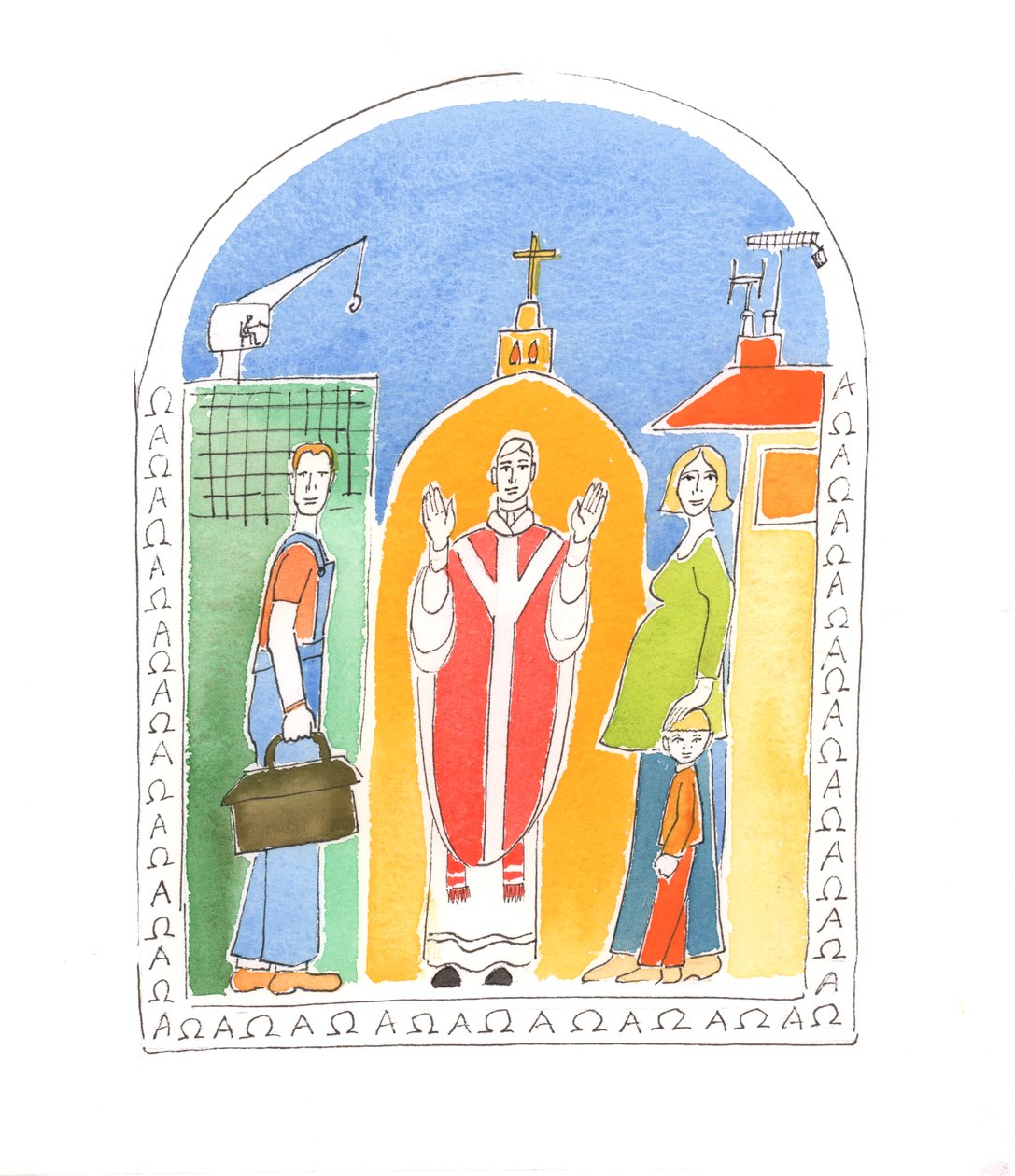 In ons dagelijks leven, mensen die hun dagelijkse taken vervullen uit liefde voor Christus, worden gehouden in zijn zorg, dicht bij Hem, geholpen om te groeien in heiligheid door hun gemeenschap met Hem, 2005 (aquarel op papier) door Elizabeth Wang