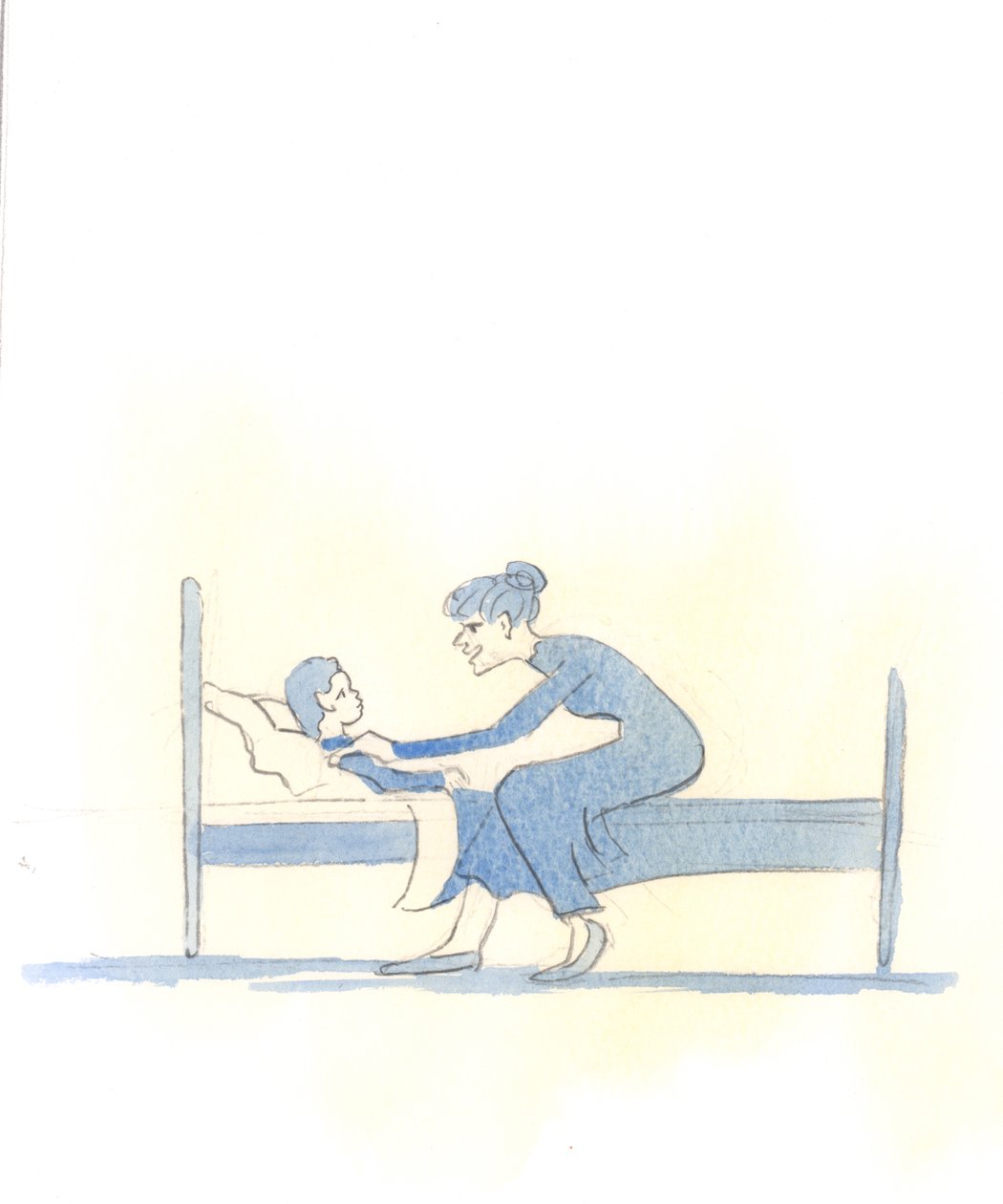 Zoals een lieve moeder een kind zelden uitscheldt als het ziek is of zich zorgen maakt over zijn schoolexamens, zo is Christus bijzonder teder en behulpzaam voor ons als Hij ons ziet worstelen met bijzondere beproevingen, 2005 (aquarel op papier) door Elizabeth Wang