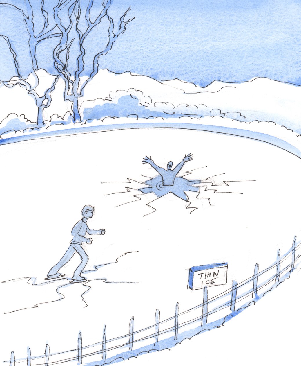 Net zoals iemand die opzettelijk op dun ijs schaatst, erdoorheen zal vallen, zo riskeren mensen die Gods wetten willens en wetens negeren te vallen en verloren te gaan door Elizabeth Wang