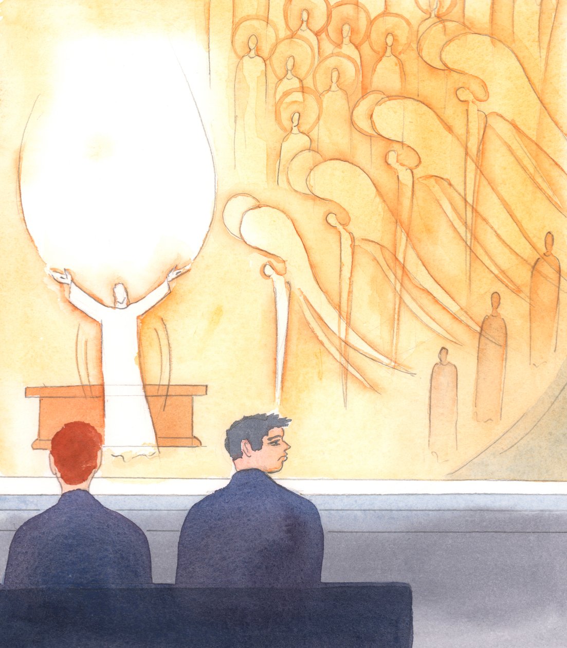 Veel katholieken hebben geen idee van wat er echt gebeurt tijdens de mis, 2005 (aquarel op papier) door Elizabeth Wang