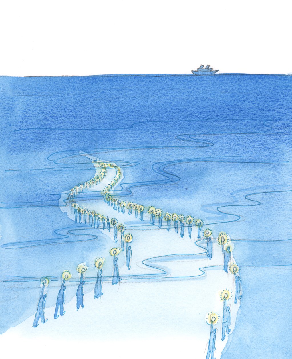 Mensen die sterven terwijl ze bidden (zoals degenen die de Rozenkrans baden op de Titanic) marcheren langs een weg die lijkt te leiden naar duisternis door Elizabeth Wang