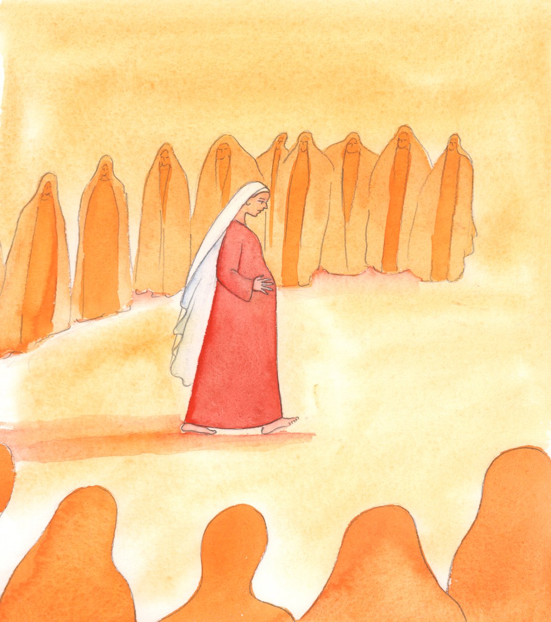 De Heilige Maagd Maria aanvaardde Gods Wil, dat zij een kind in haar schoot zou dragen, 2005 (aquarel op papier) door Elizabeth Wang