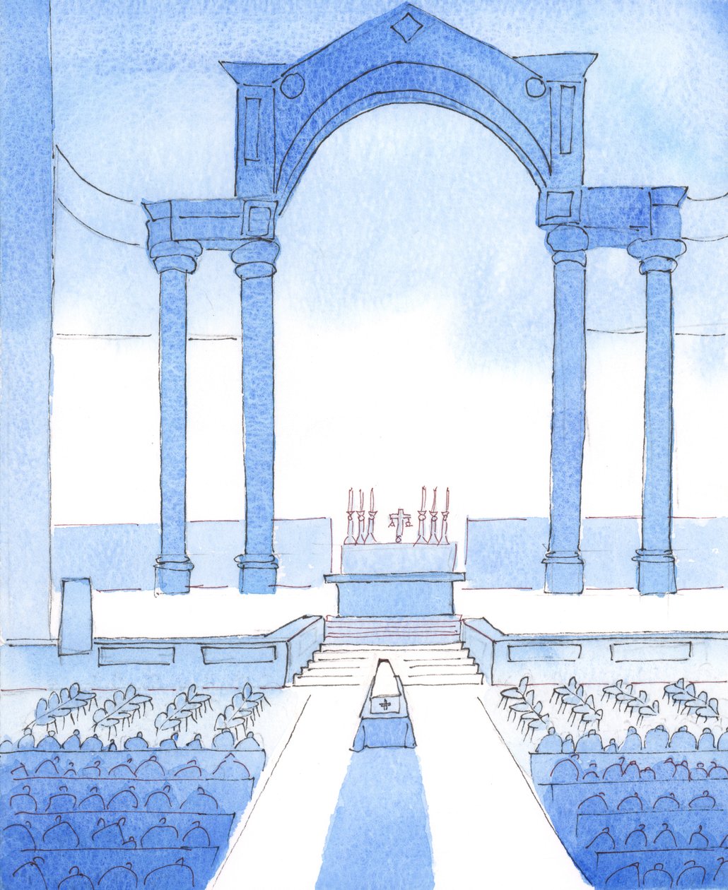 De Heer toonde me rij na rij mensen verzameld in een kathedraal voor de Requiemmis van een bisschop: mensen die het verdienen om het geloof gepredikt te horen worden door bisschoppen in zijn volheid, 2005 (aquarel op papier) door Elizabeth Wang