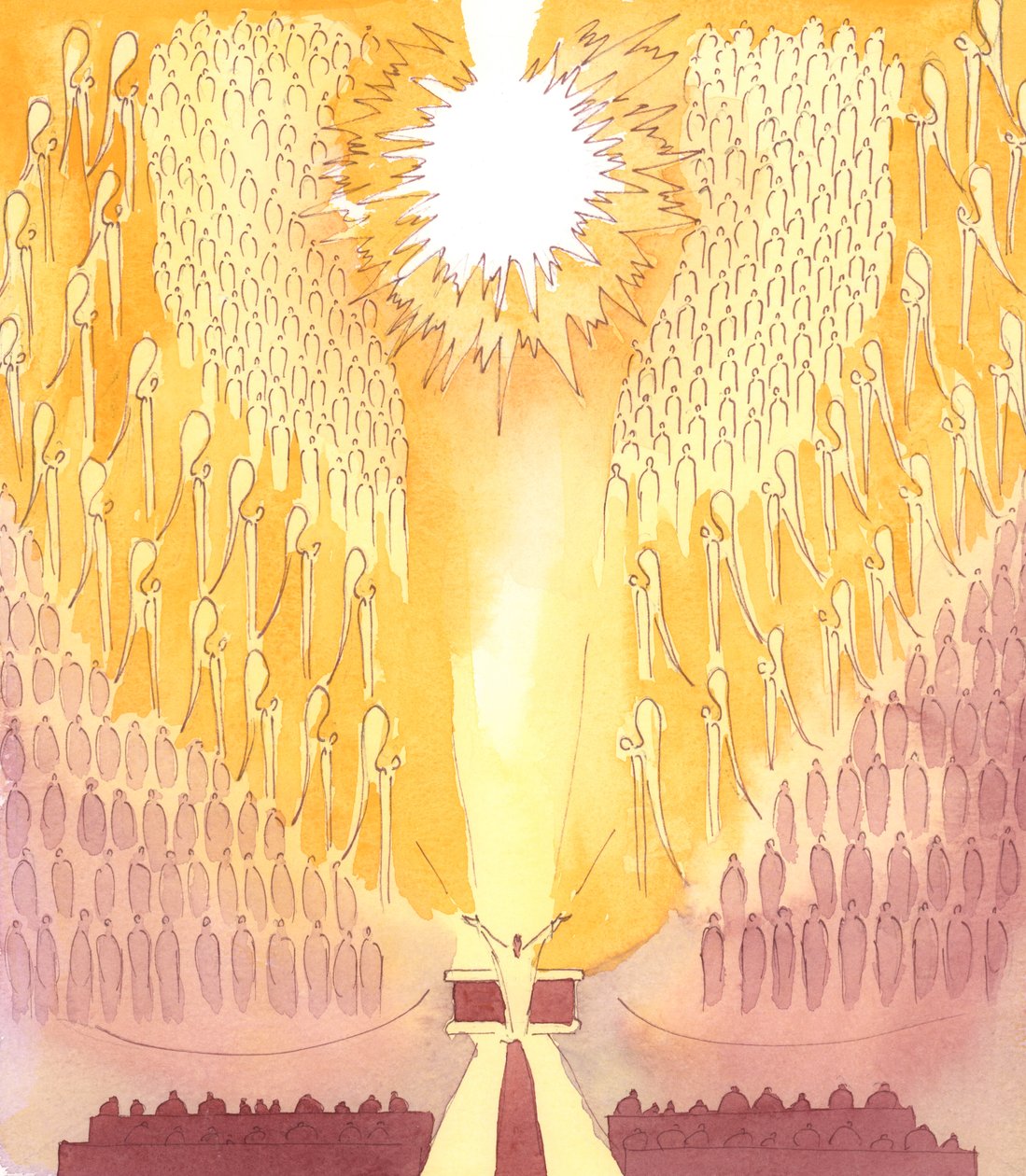 De Heer wil dat we allemaal weten dat wanneer we bidden door en met Christus in het Heilig Misoffer, we bidden tot de Vader, in de Geest, te midden van de heiligen, de engelen en de heilige zielen, 2005 (aquarel op papier) door Elizabeth Wang