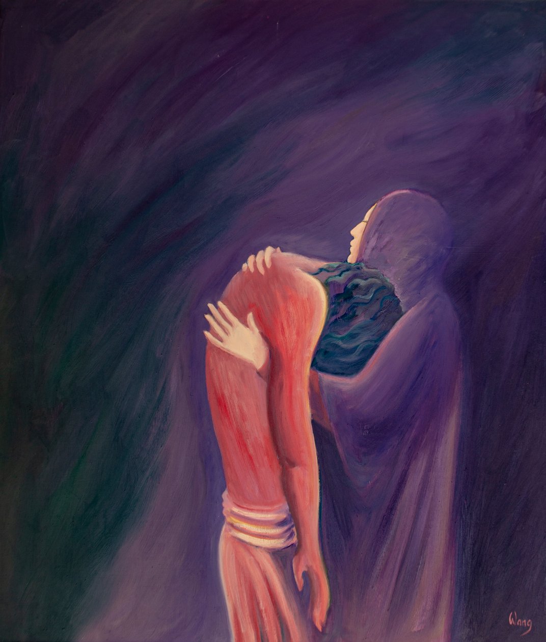 De bedroefde Maagd Maria houdt haar Zoon Jezus vast na zijn dood, tot in het hart doorboord van verdriet, maar vol geloof, 2000 (olieverf op board) door Elizabeth Wang