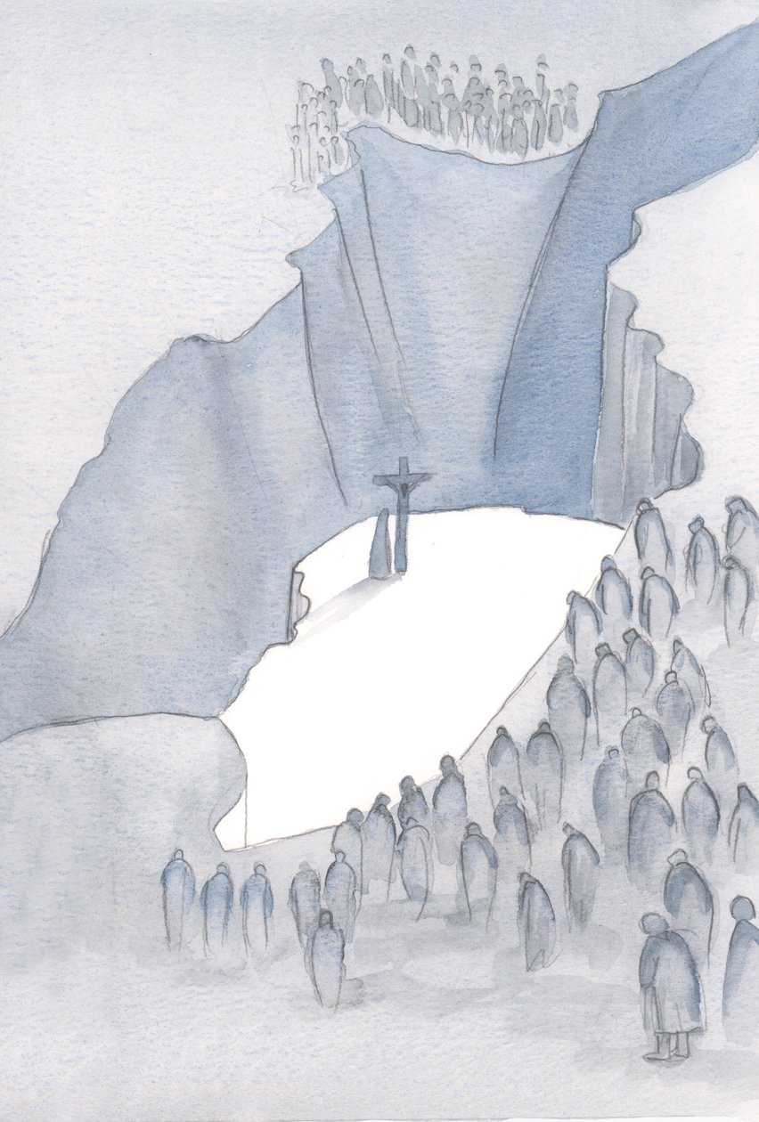 Wat een kloof ligt er voor ons bij de Mis, terwijl we deel uitmaken van het Ene Offer voor zonde, verenigd met dat verleden toen Christus aan het Kruis ons redde. door Elizabeth Wang