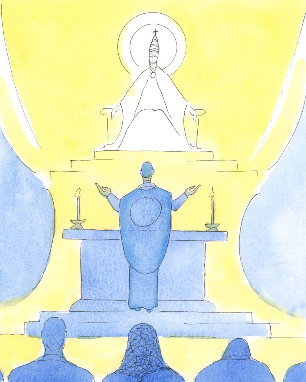 Wanneer priester en mensen allemaal in dezelfde richting kijken tijdens de Mis, kijken ze allemaal samen naar de Vader, om Hem te prijzen door Christus door Elizabeth Wang
