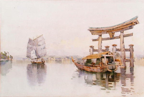 Torii-poort bij de ingang van het Itsukushima-heiligdom, Miyijima, Japan door Ella Du Cane