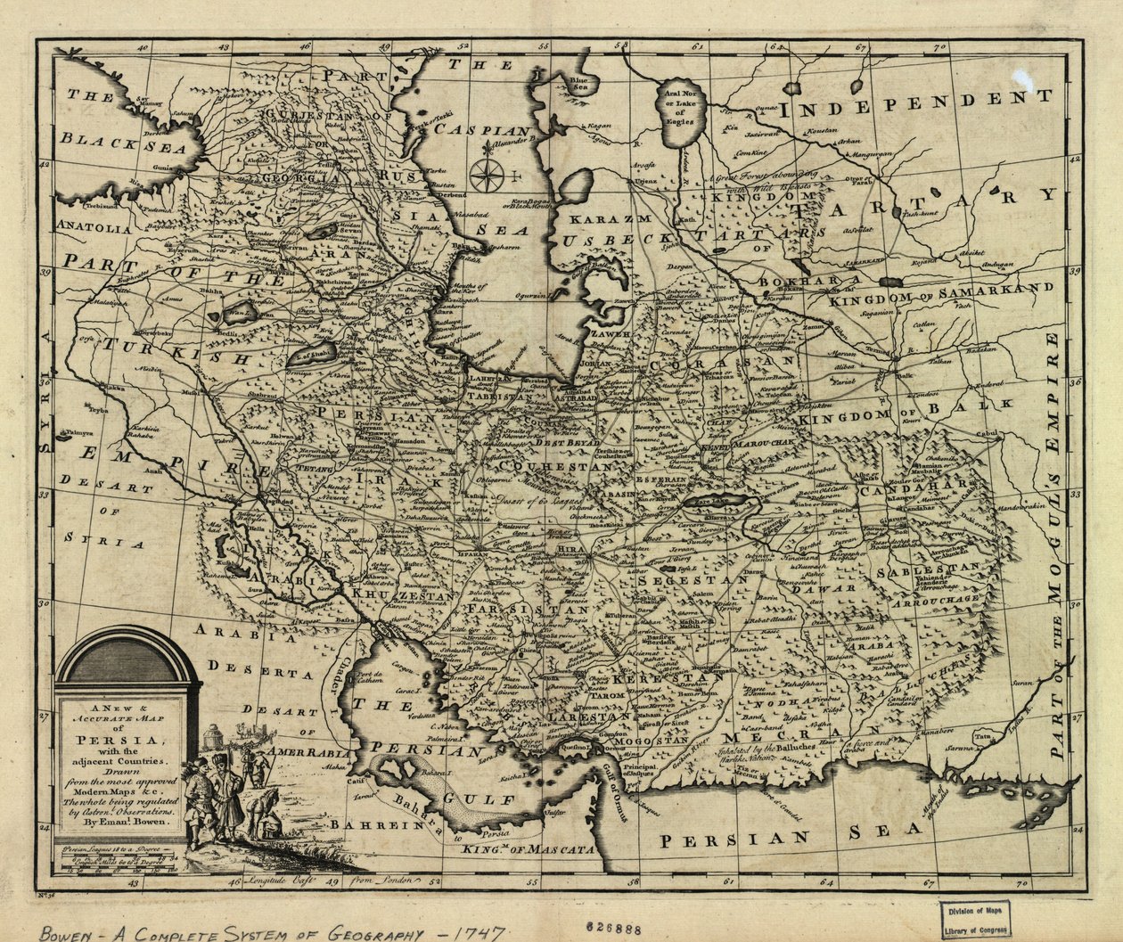 De kaart van het Perzische Rijk in 1747 ten tijde van de Afsharid-dynastie door Emanuel Bowen