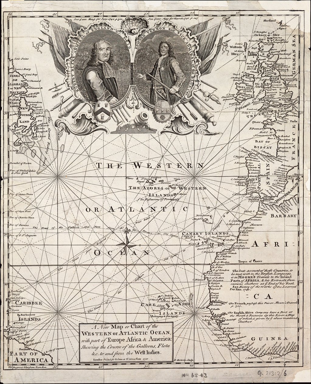 Een nieuwe kaart van de westelijke of Atlantische oceaan met een deel van Europa, Afrika en Amerika: de route van de galeien van en naar West-Indië door Emanuel Bowen