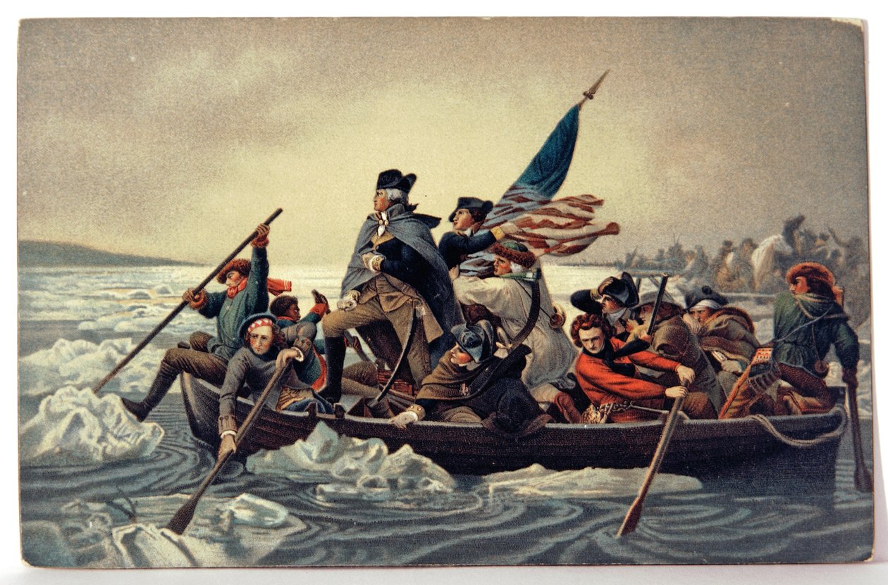 Geschiedenis. VS. George Washington steekt de Delaware over door Emanuel Gottlieb (after) Leutze