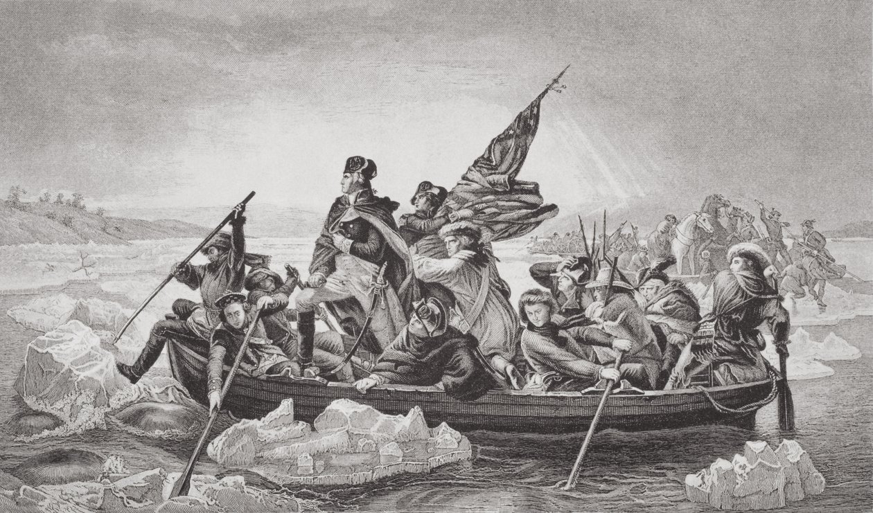 Washington steekt de Delaware over bij Trenton, New Jersey, Kerstmis 1776, uit 
