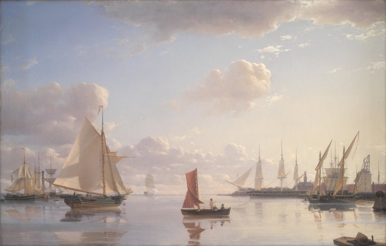 Uitzicht vanaf Langelinie richting de Koninklijke marinewerven in Nyholm, Kopenhagen. Ochtendlicht door Emanuel Larsen