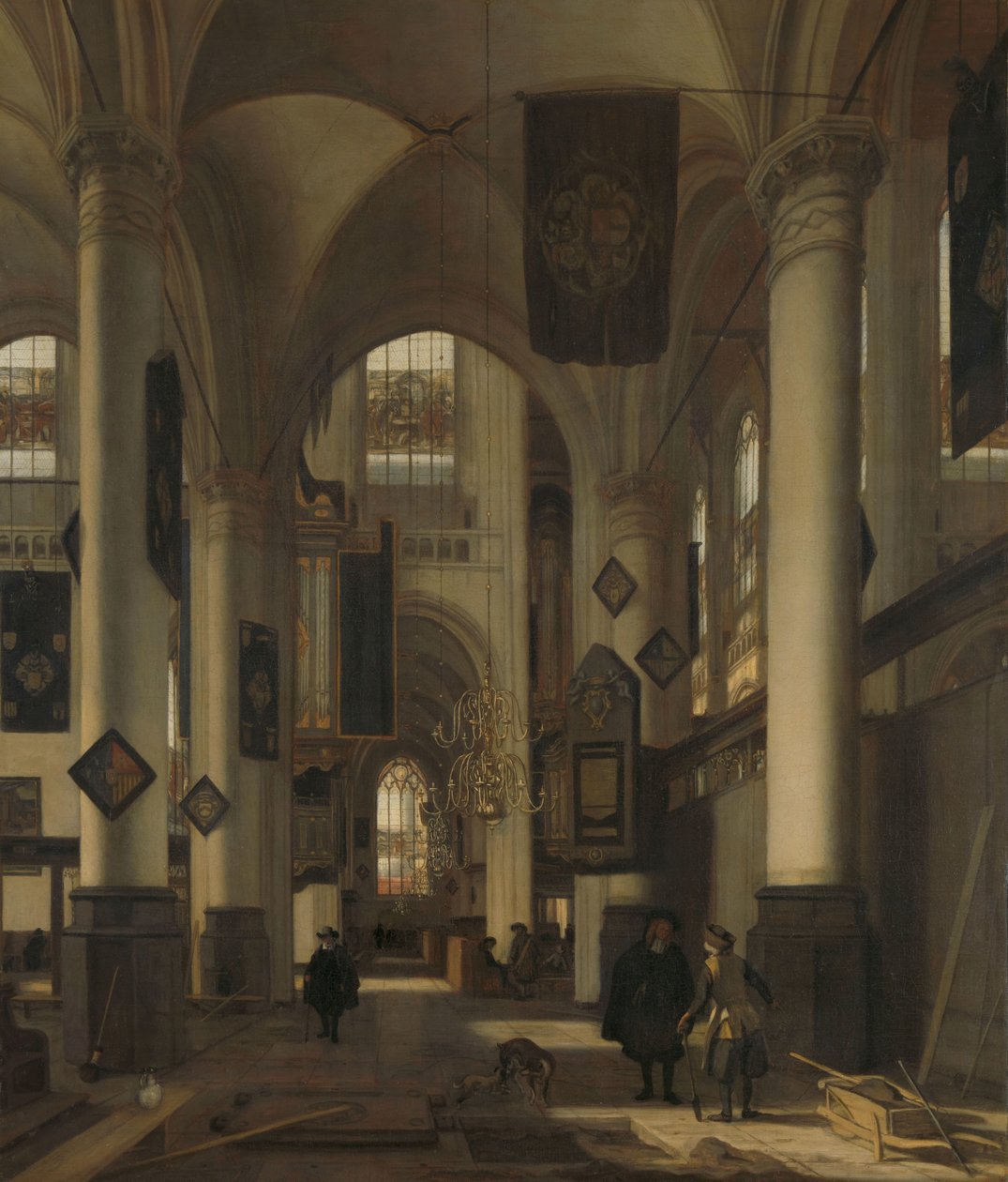 Interieur van een protestantse gotische kerk met motieven uit de Oude en Nieuwe Kerk in Amsterdam door Emanuel de Witte