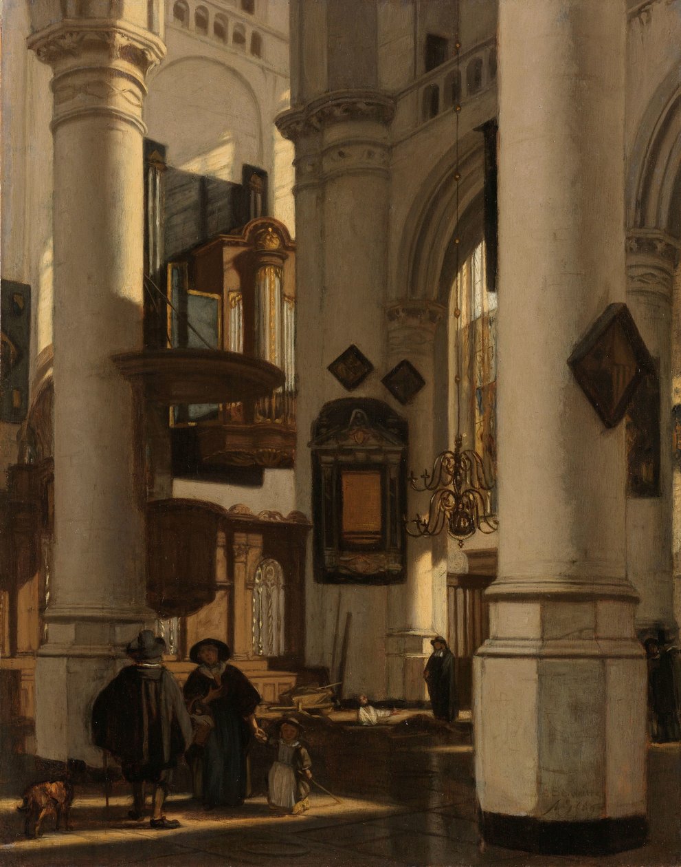 Interieur van een protestantse gotische kerk met een grafdelver in het koor door Emanuel de Witte