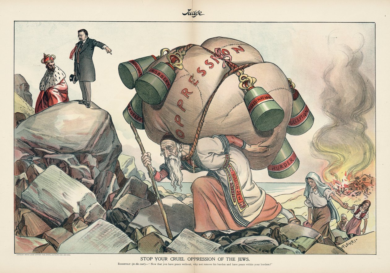 Stop uw wrede onderdrukking van de Joden, Judge magazine van september 1905 (chromolithografie) door Emil Flohri