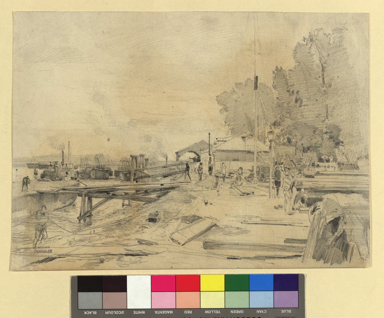 Dampfschiffstation an der Donau bei Kaisermühlen door Emil Jakob Schindler