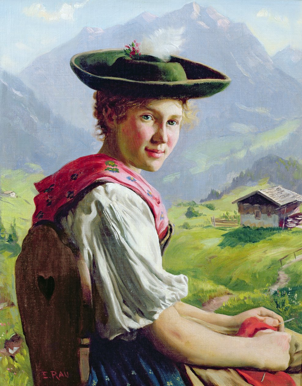 Meisje met een hoed in berglandschap door Emil Karl Rau