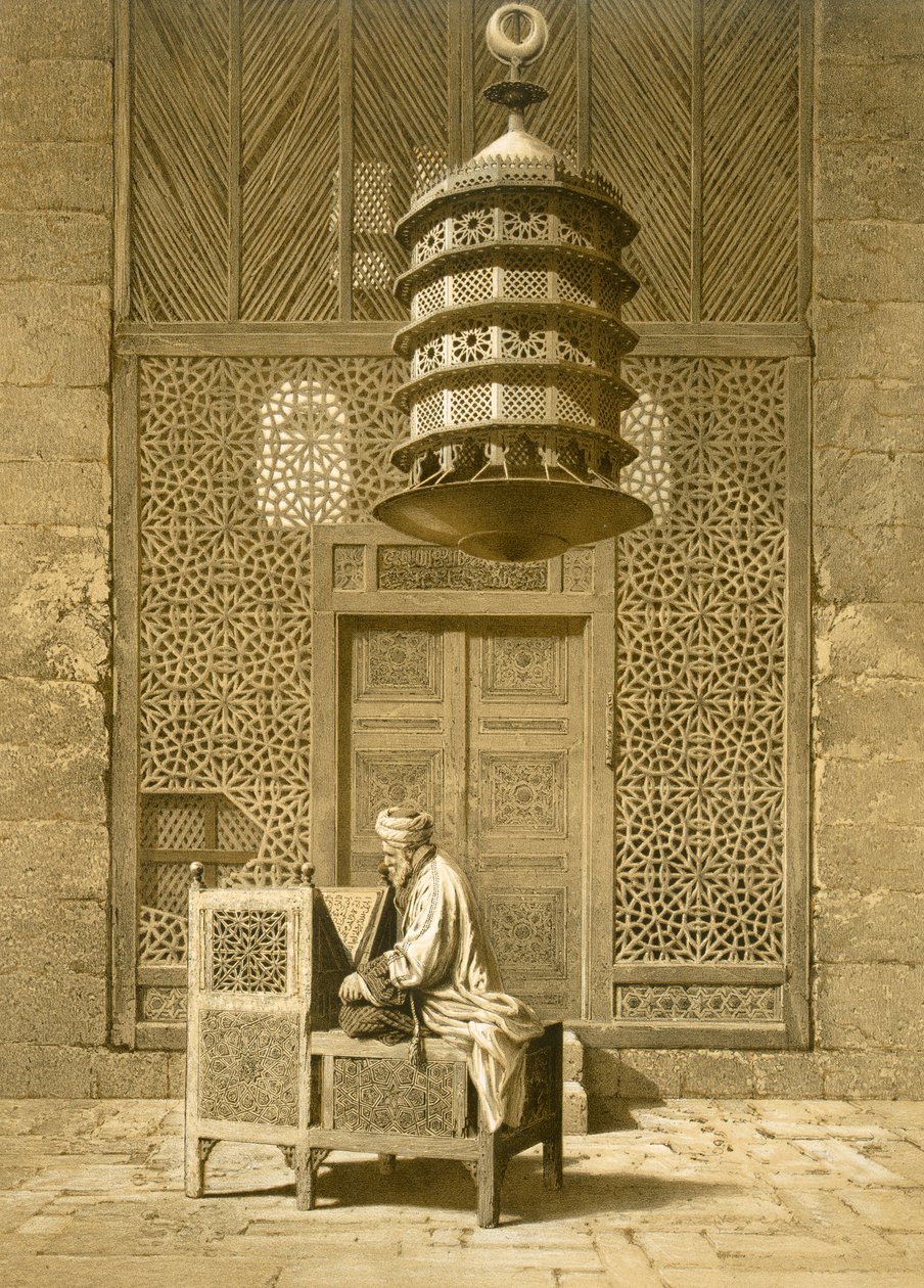 Caïro: Funerair of grafmoskee van Sultan Barquoq zittende imam die de Koran leest, voor een geperforeerd scherm 14e eeuw, 19e eeuw door Emile Prisse d