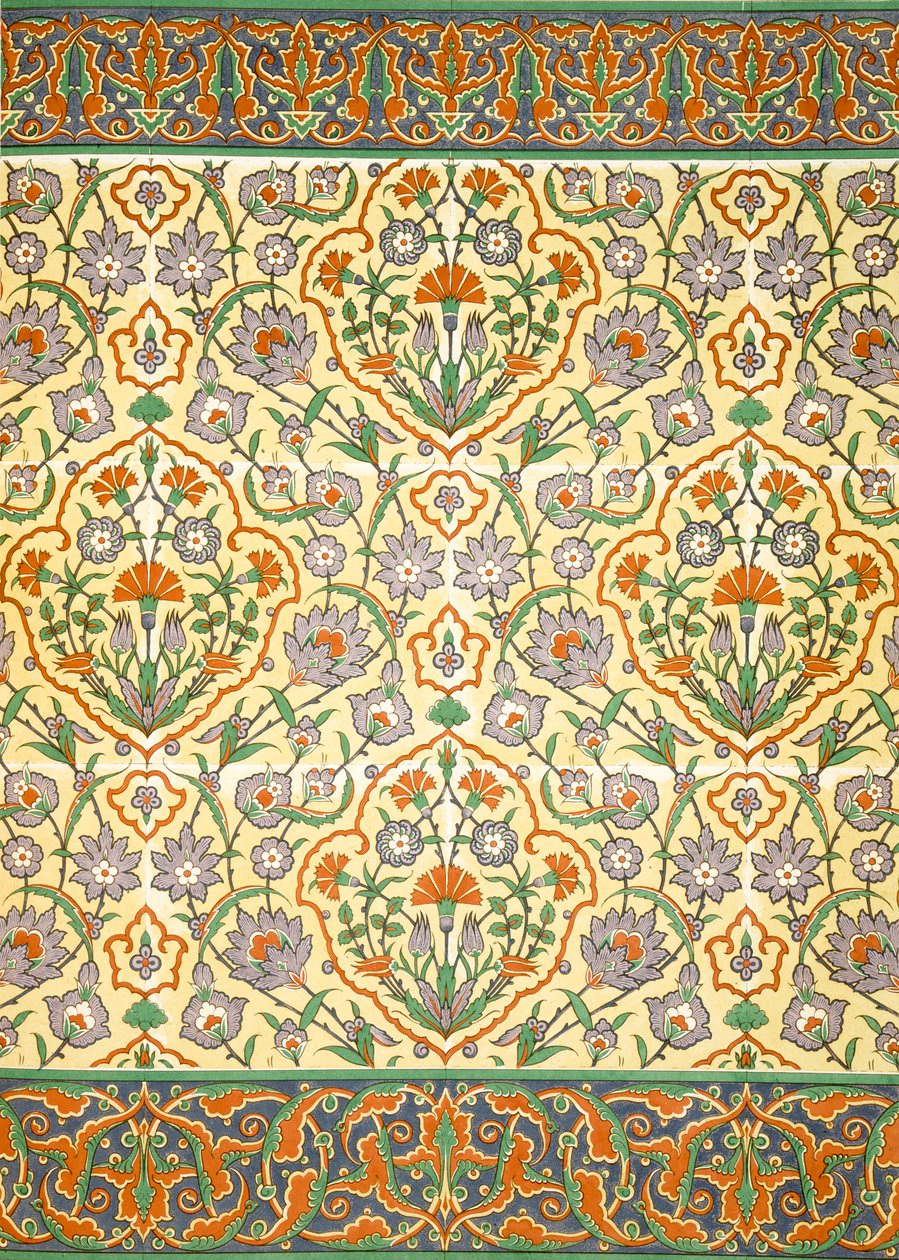 Faience muurschildering met rand met sterk gestileerde herhalende patronen met plantvormen, uit een kiosk, 19e eeuw door Emile Prisse d