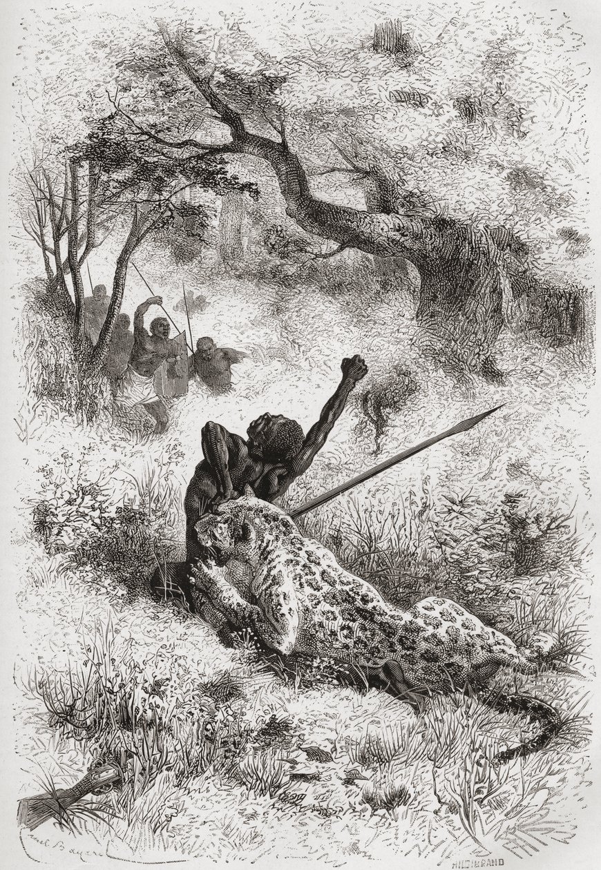 Een luipaard die een Afrikaan aanvalt, illustratie uit 